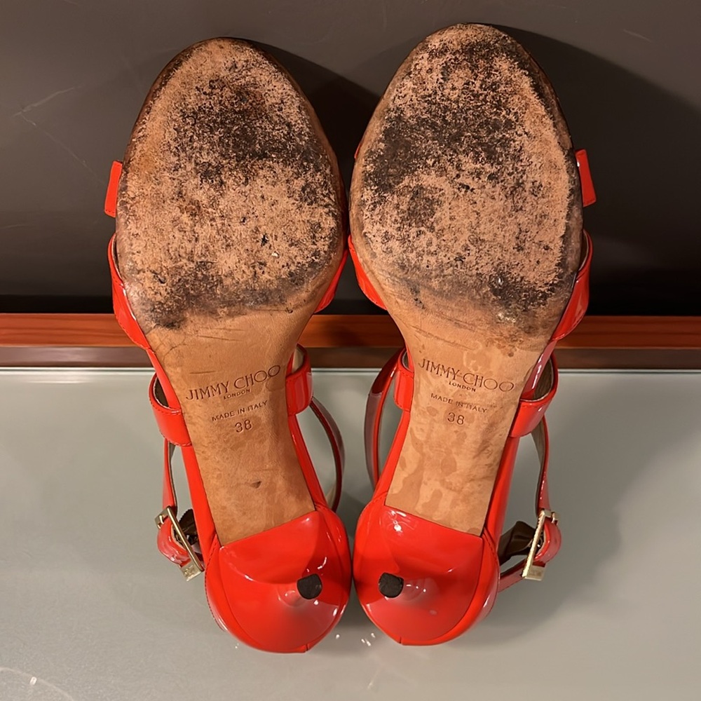 Jimmy Choo Flame Orange / Red Patent 'Lottie' Criss Cross Sandals - Picture 6 of 7